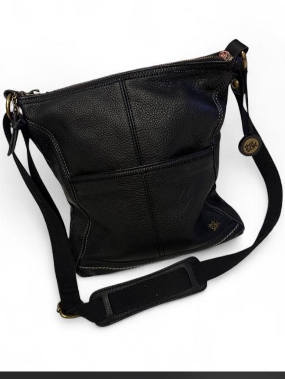 The Sak Black Pebbled Leather Crossbody Bag Slouchy Zip Pocket Purse